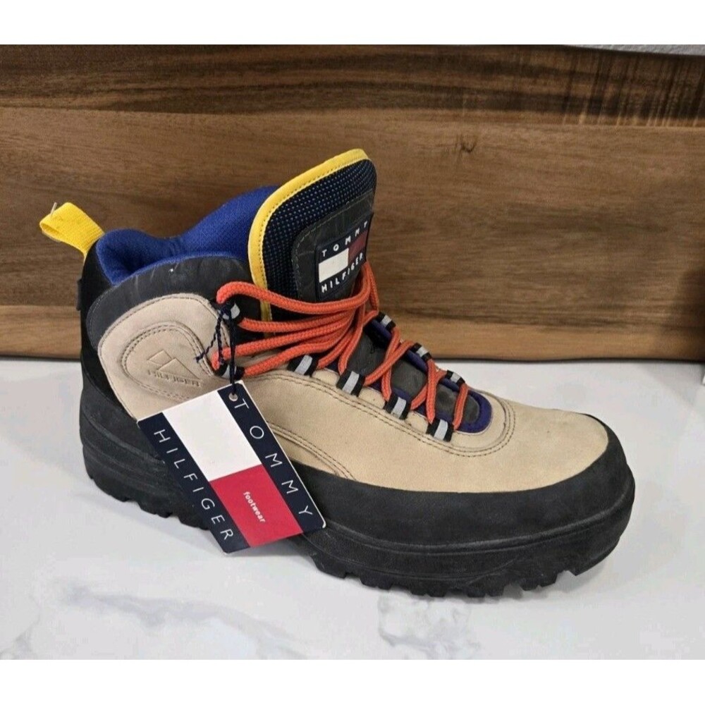 Vintage 90s Tommy Hilfiger Hiking Boots Men's Size 12 Beige Blue Leather Upper